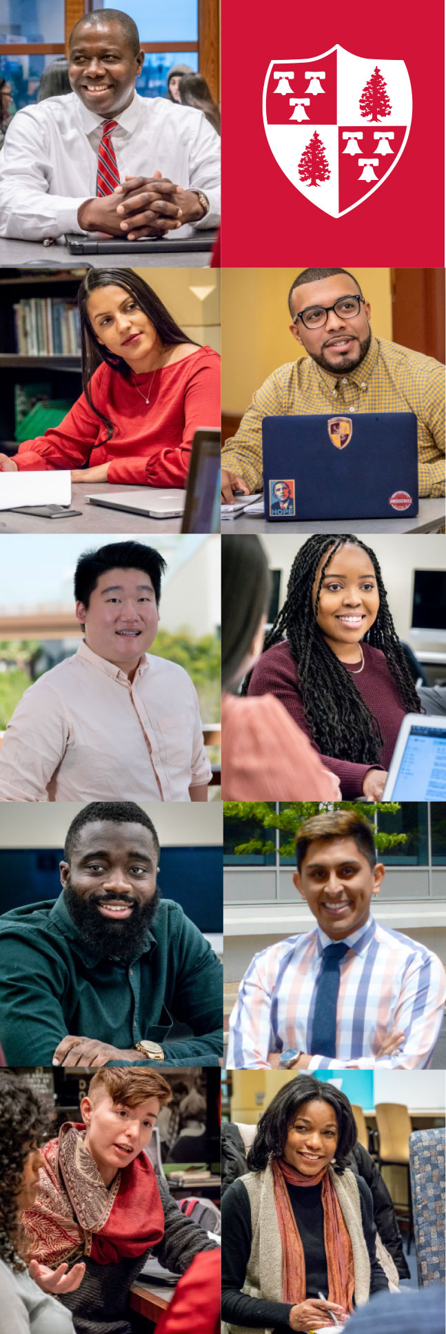 Graduates of the Educational Leadership master’s program include (top to bottom, left) Peter Osebre ’19, Natalie Lopez ’19, Lucas Min ’18, Kevin Brenfo-Agyeman ’19, Jessy Cocciolone ’19, (top to bottom, right) Claudio Alejo ’19, Chelsea Rushing ’19, Dann Truitt ’14, ’19 MA and Lynda Gary-Davidson ’20.