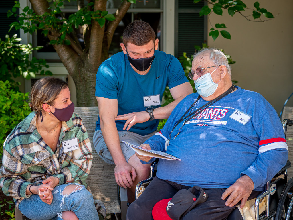 Christina Chagaris ’21 and Gregory Carmona, Nutrition and Food Science majors, and their video pal John Zbozen Jr. at Canterbury Village Assisted Living in West Orange, New Jersey. Throughout the semester, they connected beyond conversations about healthy eating to share life lessons and stories. “This experience taught me about the importance of having a community and support system,” Chagaris says.