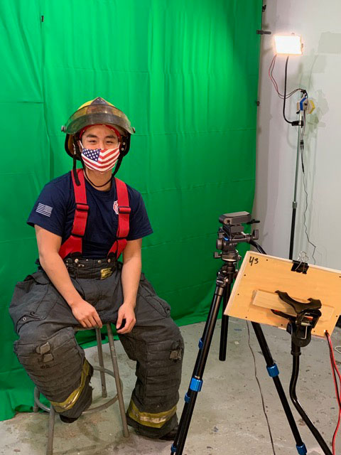 Kevin Wang ’21, played firefighter Tom Patrick using a green screen. Other scenes were shot outdoors last fall. Says Wang, “Some of us really needed this. We learned to appreciate every opportunity given and not take any of it for granted.”