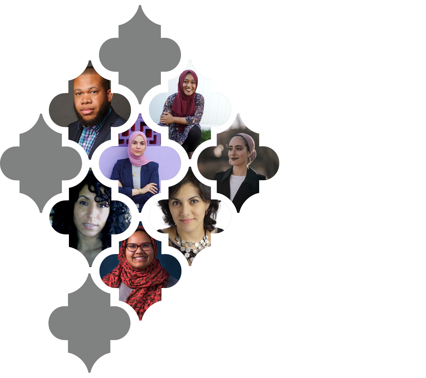 From top left: Amir Billups, Maheen Ahmad, Manar Hussein, Nagla Bedir, Chedia Ayari, Mayida Zaal, Nushrat Hoque