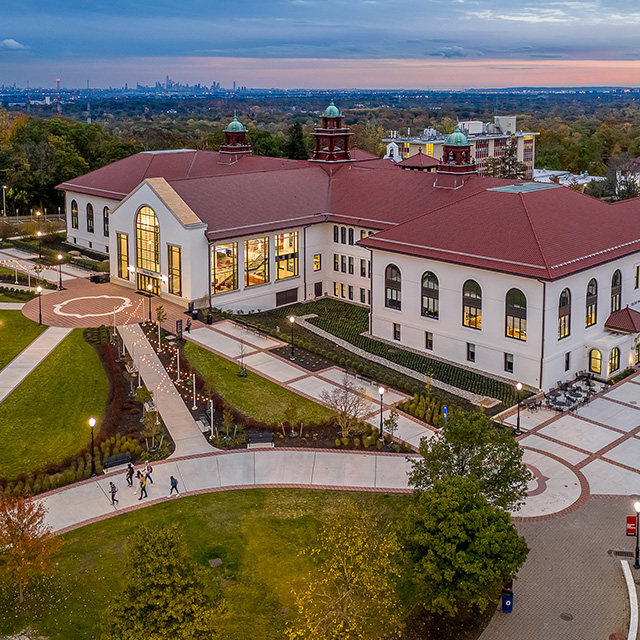 Aerial photo of Cole Hall at dusk