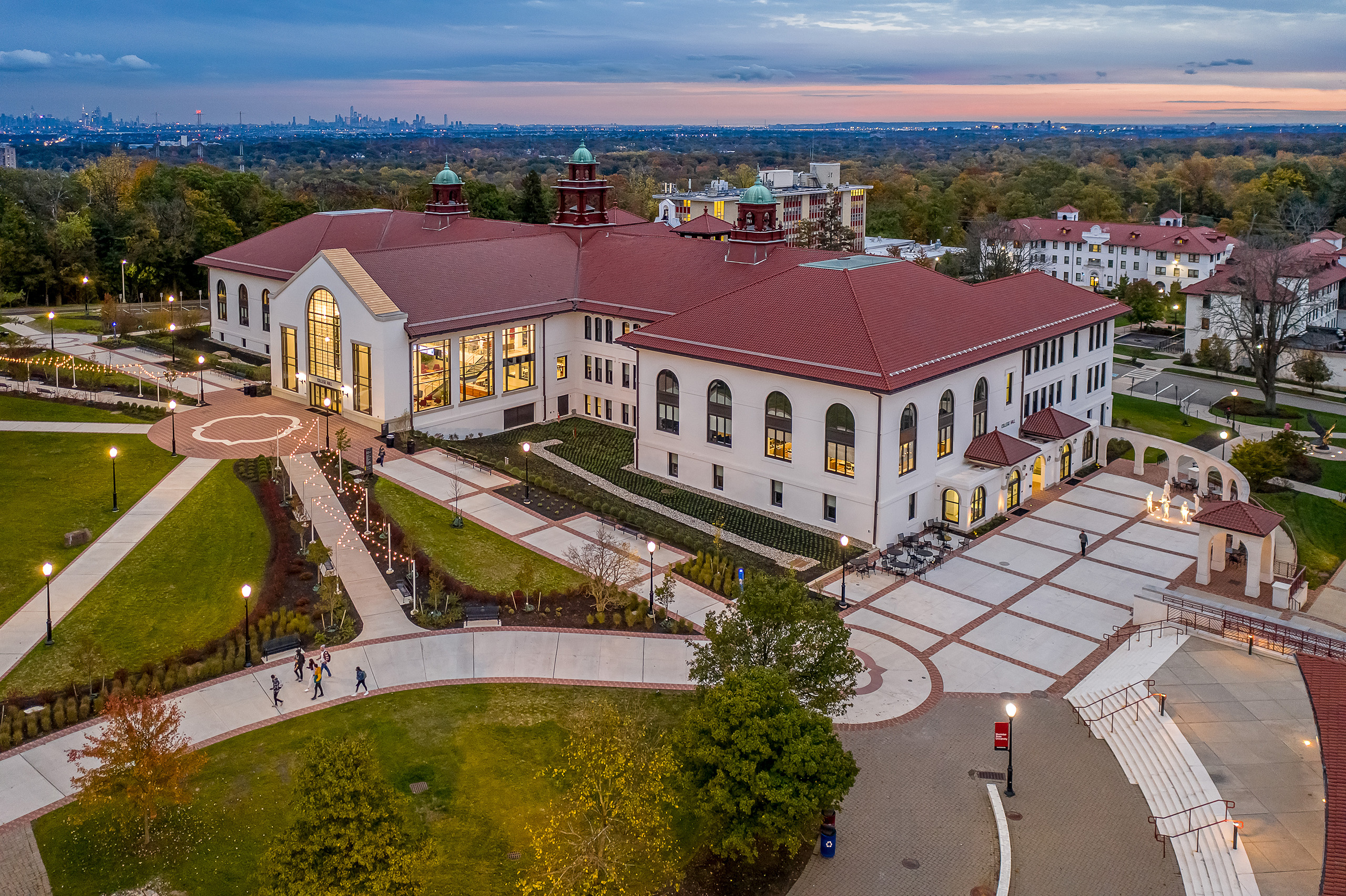 Aerial photo of Cole Hall at dusk