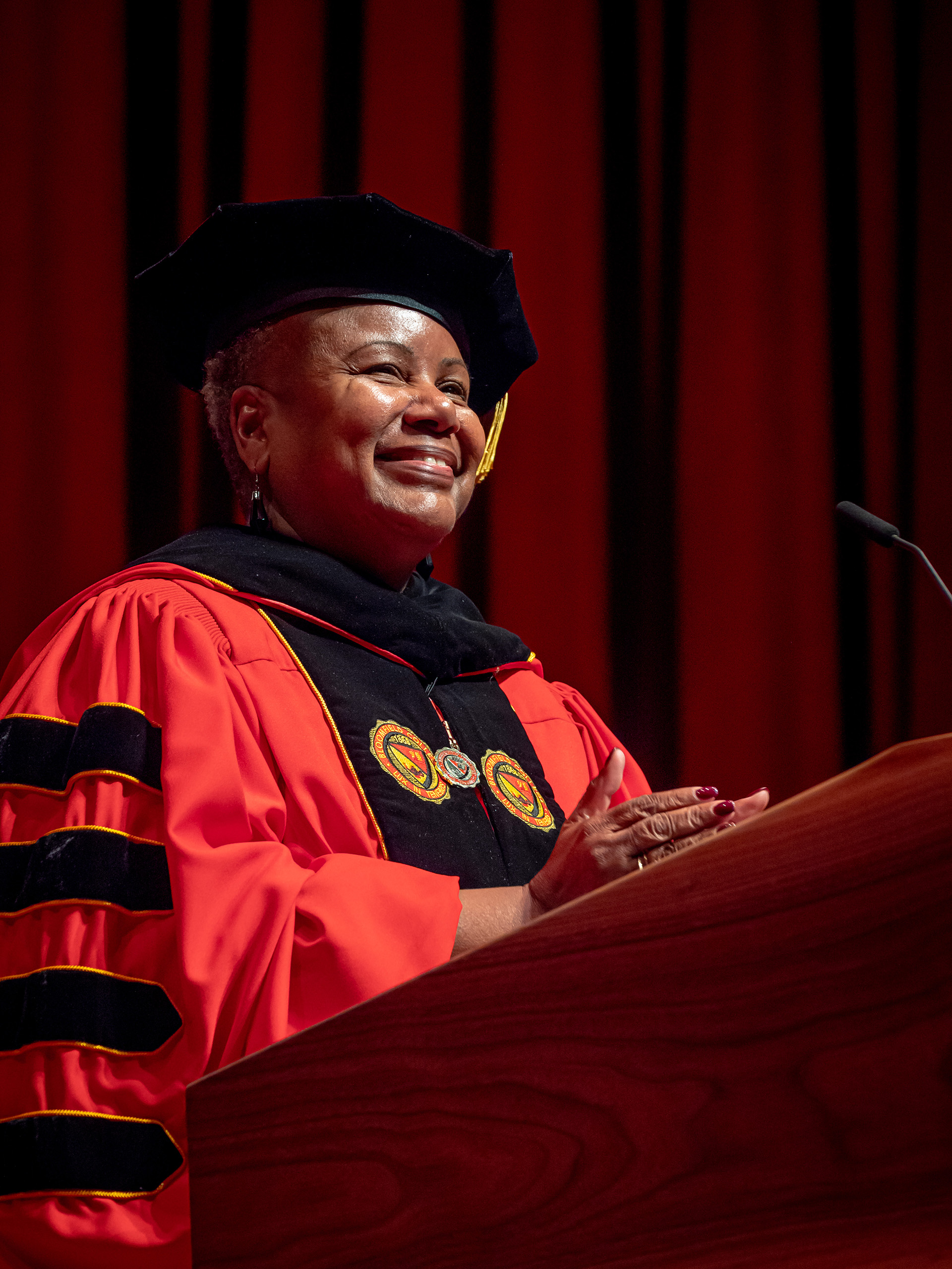 Bloomfield College President Marcheta Evans speaking at podium