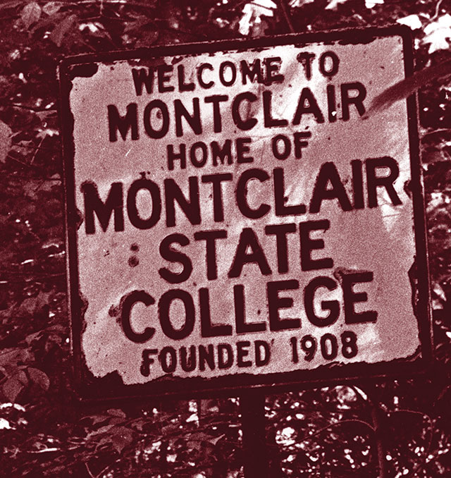 Old sign that says Welcome to Montclair, Home of Montclair State College, founded 1908