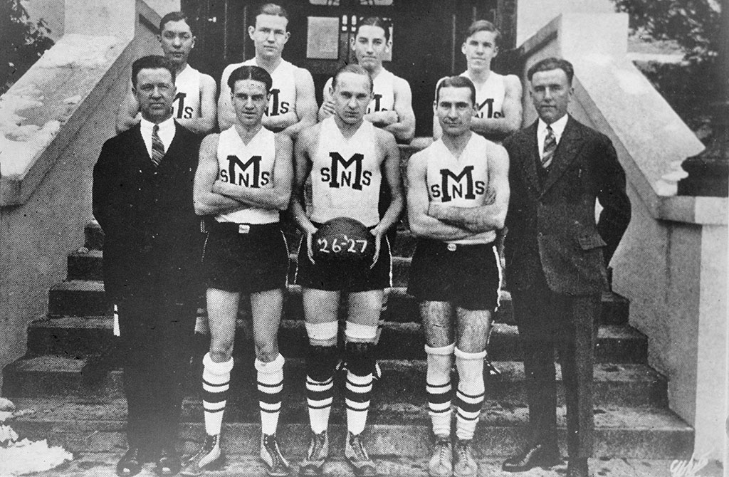 First men's basketball team at Montclair State University, black and white photo