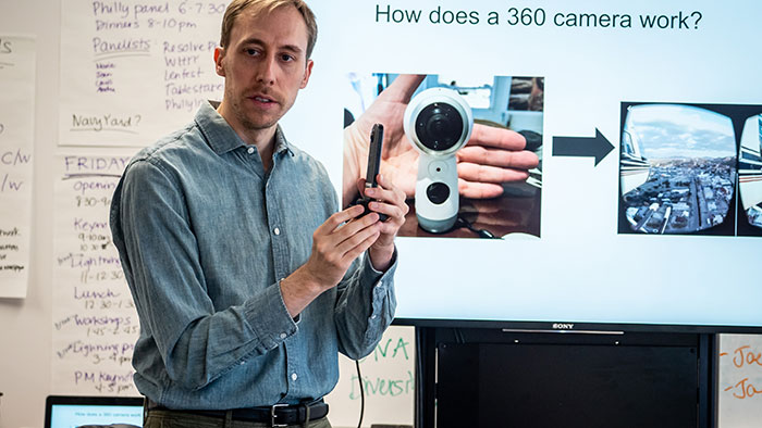 The Center regularly brings in journalists for training; shown is Matthew MacVey leading a class on creating first-person visual stories with 360 photo and video.