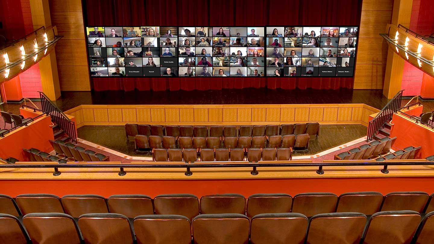 University Singers Chorus class composite photos “in” Kasser Theater; composite of three screenshots by Rebecca Masser.