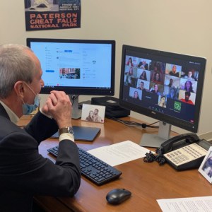 Governor Phil Murphy using Zoom on computer