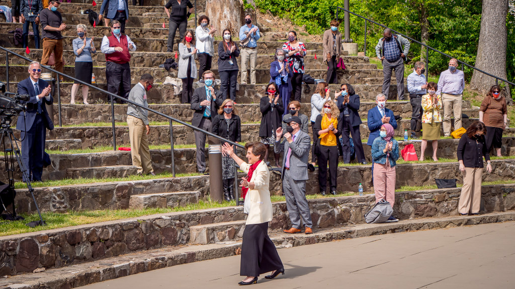 Cole reflected on her 23-year presidency during a farewell address to the campus community on May 12, 2021, in the University’s landmark Amphitheater.