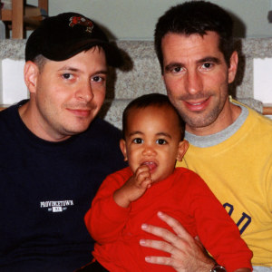 Peter Mercurio ’90 (left) and Danny Stewart (right) with Kevin in 2001.