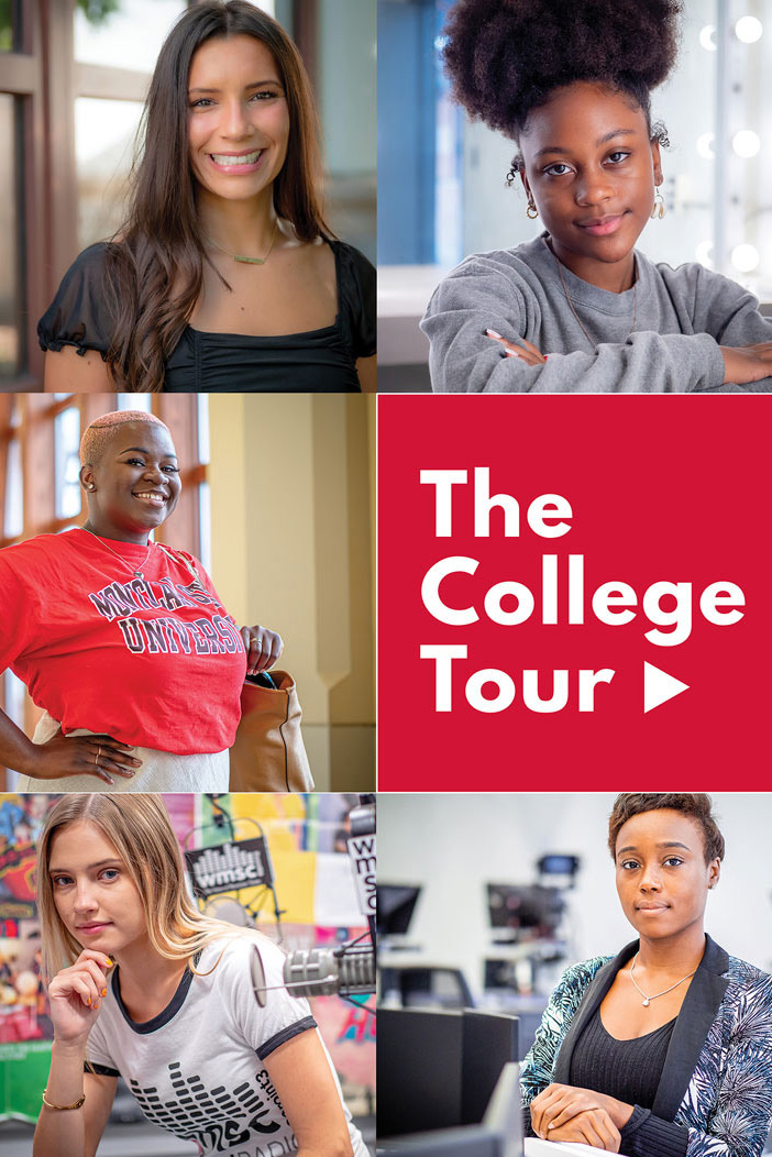 collage of student portraits around The College Tour logo