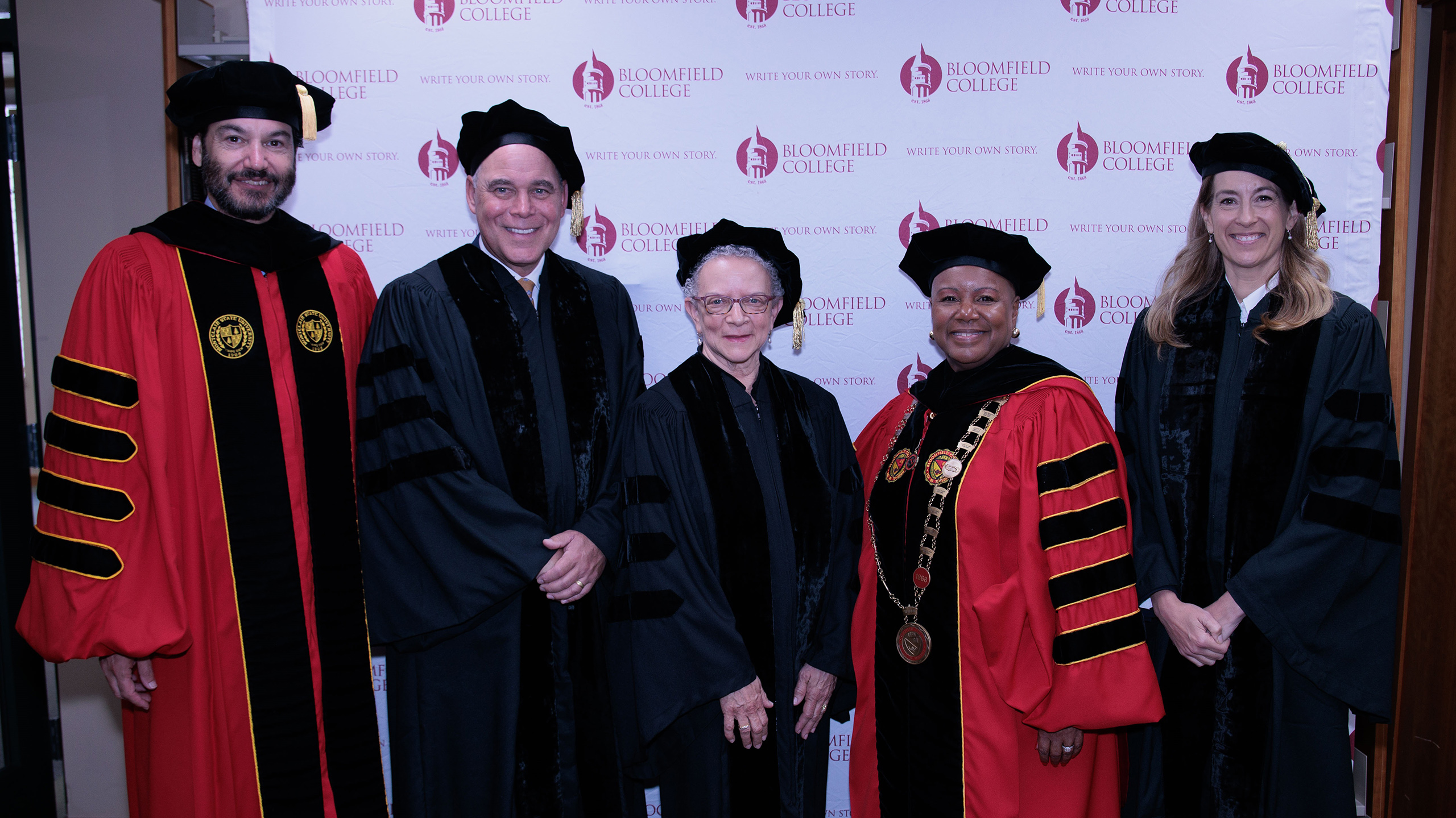 Montclair President Jonathan Koppell, journalist James D. Axelrod, Assemblywoman Mila M. Jasey, Chancellor Marcheta P. Evans and U.S. Congresswoman Mikie Sherrill.