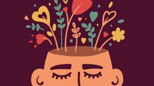 Illustration of a person's calm face with cute flowers growing out of their head