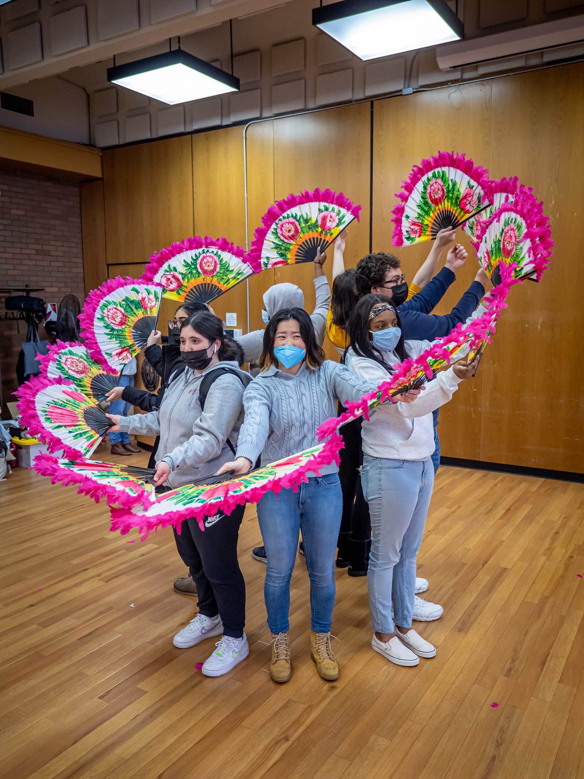 Students learning Korean fan dance