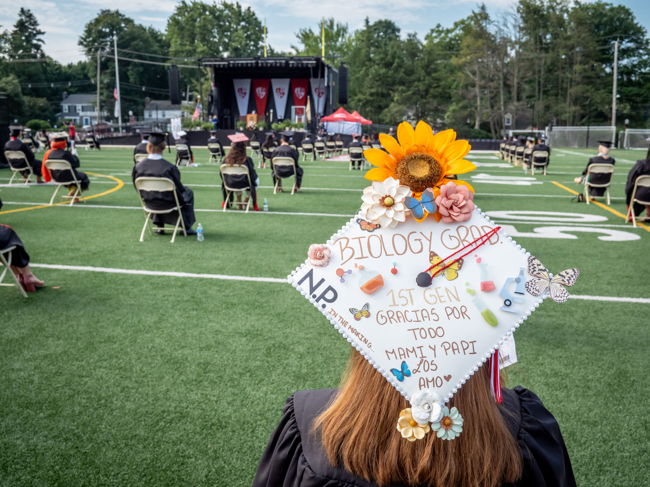 view of student's decorated mortarboard