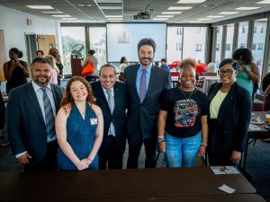 from left to right: Carlos Rodriguez, Melissa De Almeida, Roger León, President Jonathan Koppell, Najmah Johnson, and Genique Flournoy-Hamilton