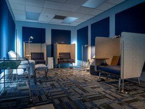 The Sensory Space at Sprague Library features acoustic paneling, customizable lighting, comfortable seating. 
