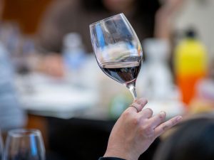 A closeup of a wine glass with a hand swirling a glass of the red wine Syrah.