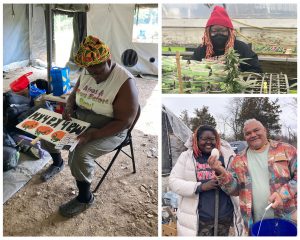Khara Brown is shown painting a garden sign in the Munsee language, working inside the greenhouse, and posing with Turtle Clan Chief Vincent Mann of the Ramapough Lunaape Nation, who holds an egg.