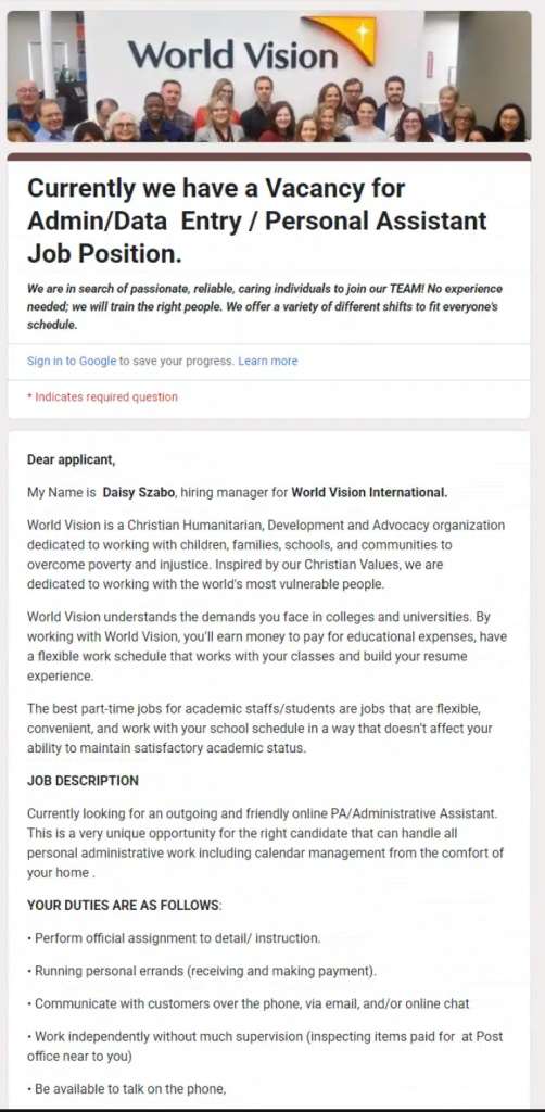 Screenshot of the Google Form attached to the Virtual Personal Assistant Phish
