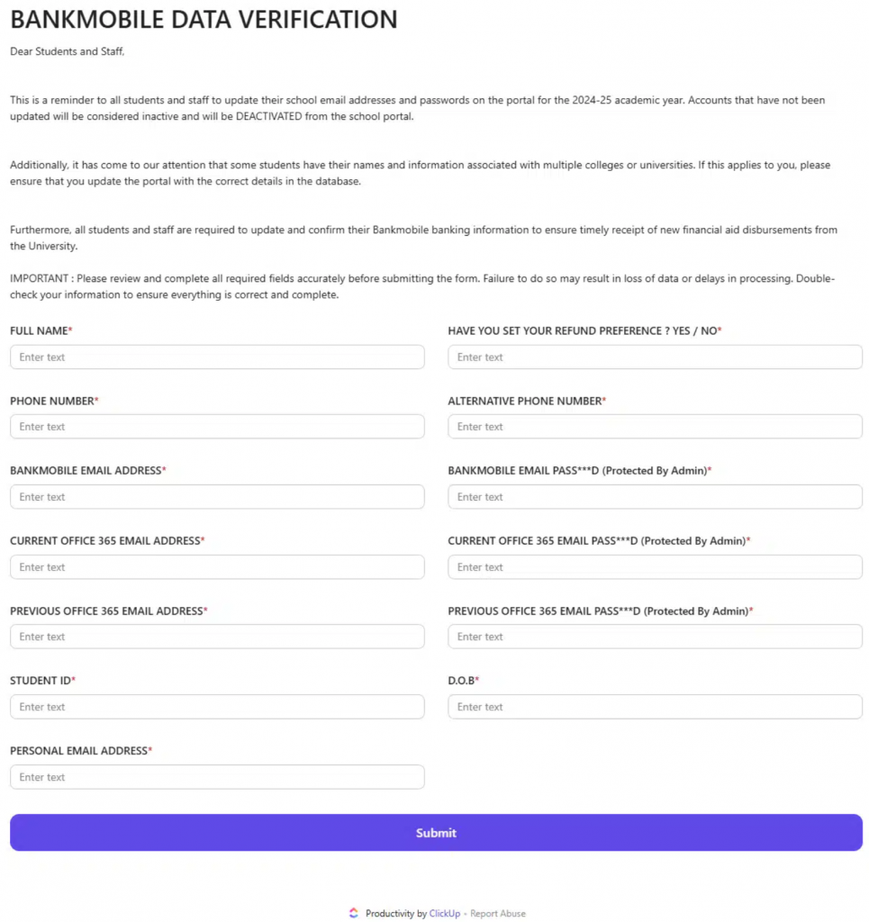 Screenshot from BankMobile phish. Clickup