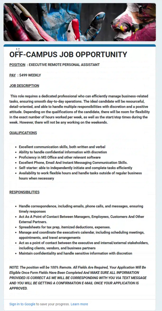 Google Form attached to the phishing email with the subject: Work and Study Position.