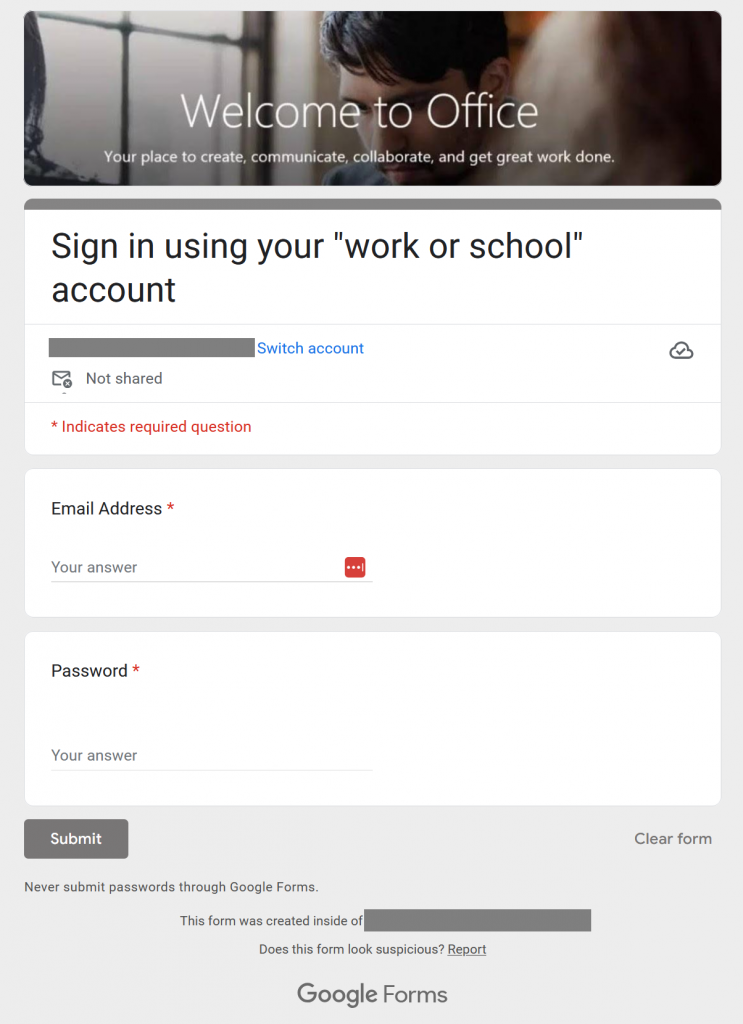 Screenshot of the Google Form being used in HR phish to gather emails and passwords.