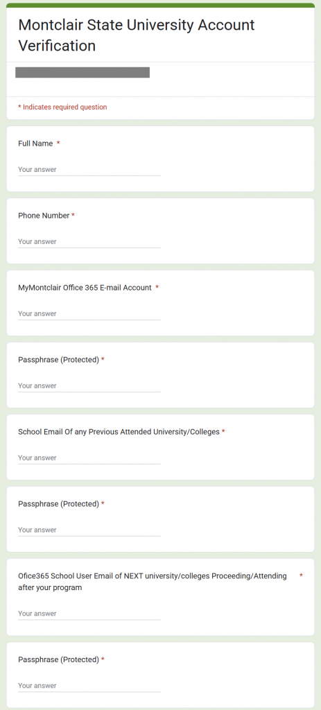 Phishing Google Form attempting to harvest login credentials.