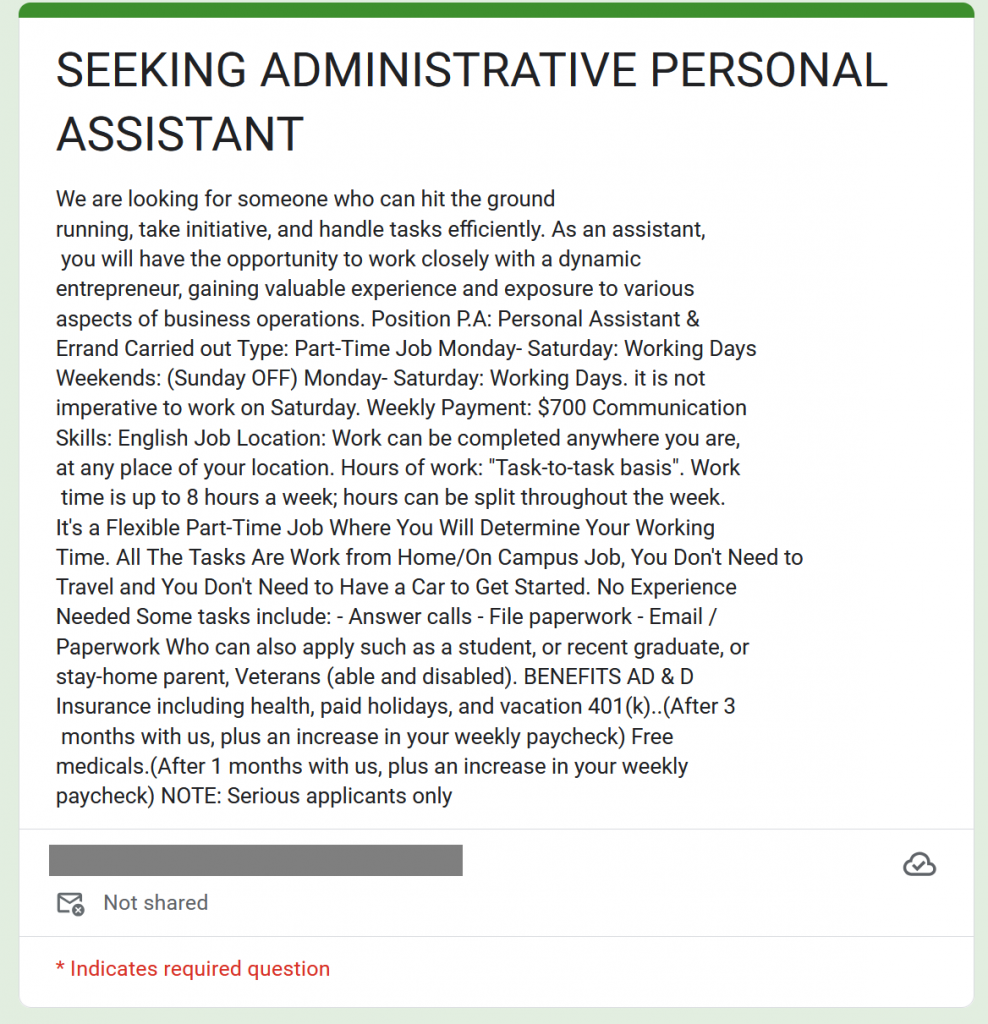 description of the google form fake job offer.
