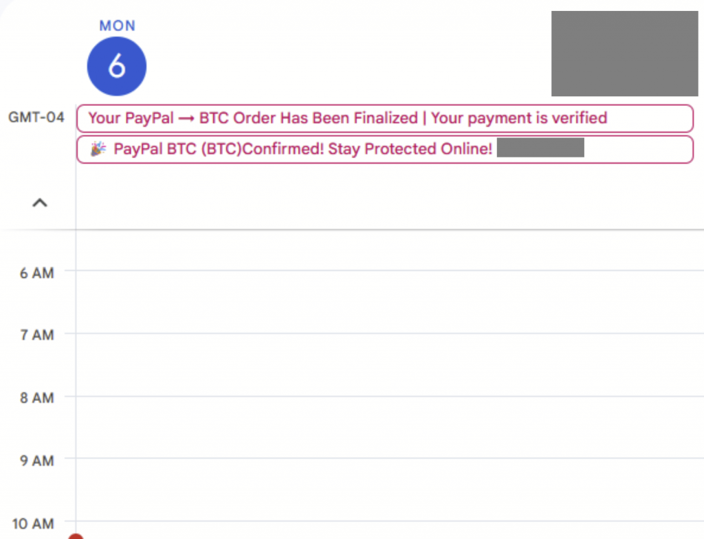 A calendar shows entries about a finalized PayPal to Bitcoin order and payment verification.