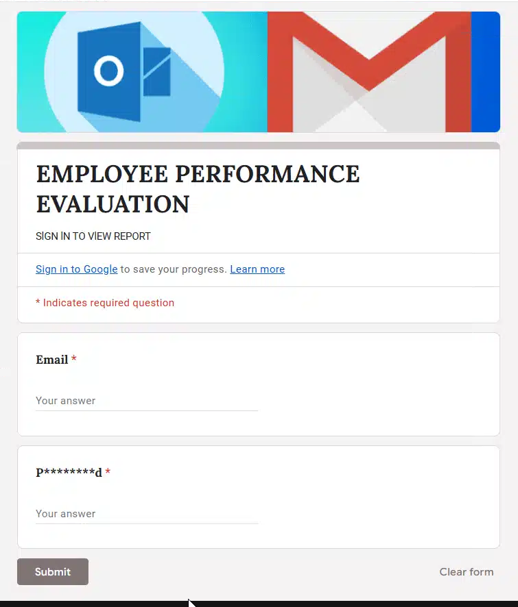 Screenshot of the fake form being utilized for the evaluation phish,