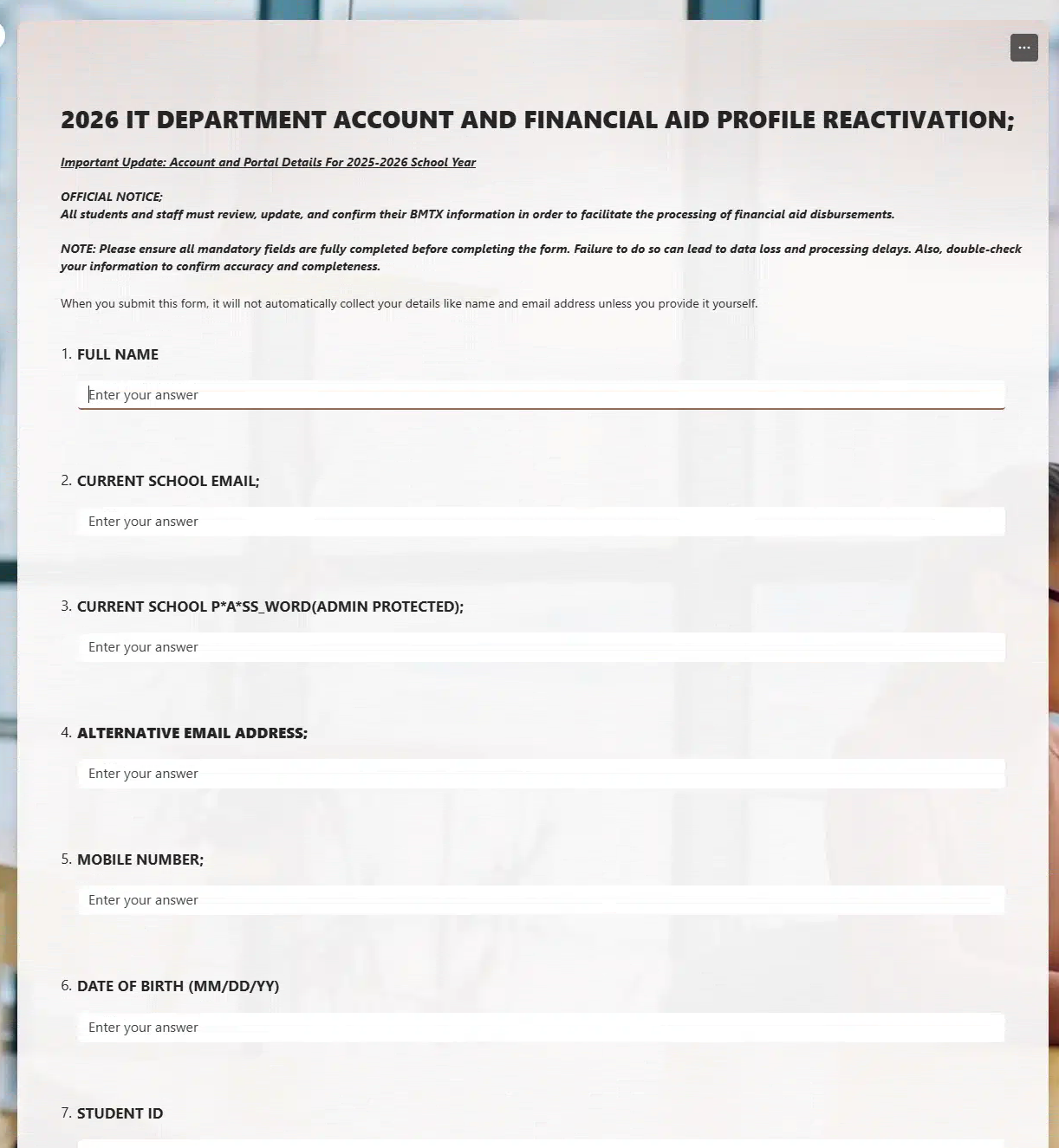 Bank Mobile Phish asking for login credentials and banking information via a Microsoft Form.