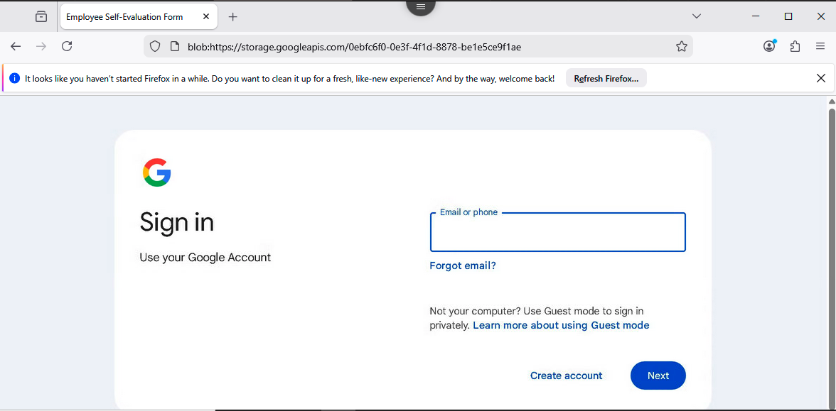 The image shows a Google Sign-In page opened in a Firefox browser, prompting the user to enter their email or phone number.