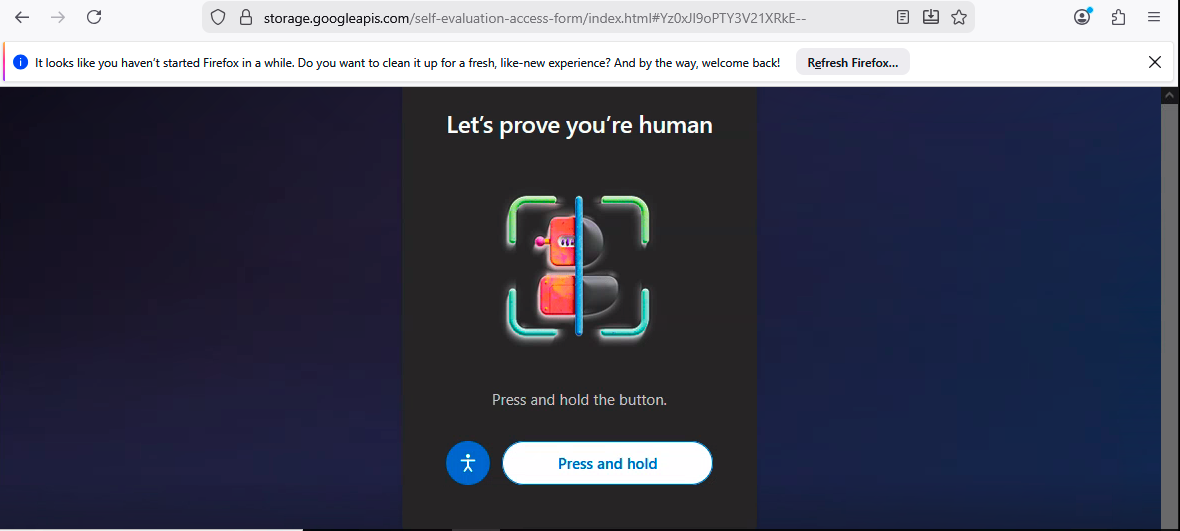 The image shows a "Let's prove you're human" captcha screen with a "Press and hold" button, styled with an animated character.