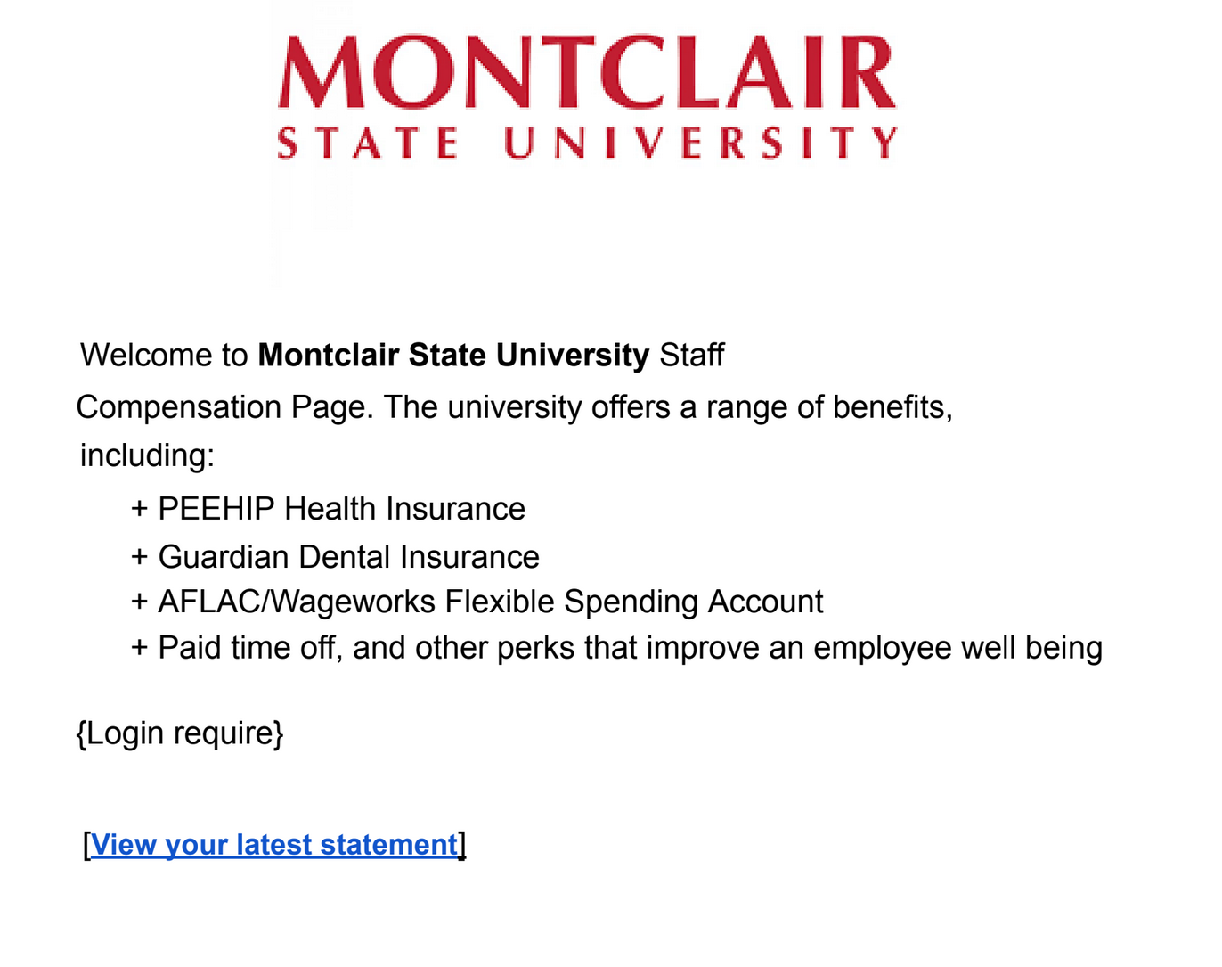 The image displays a welcome message from Montclair State University for staff, outlining employee benefits such as health insurance, dental insurance, flexible spending accounts, and paid time off.
