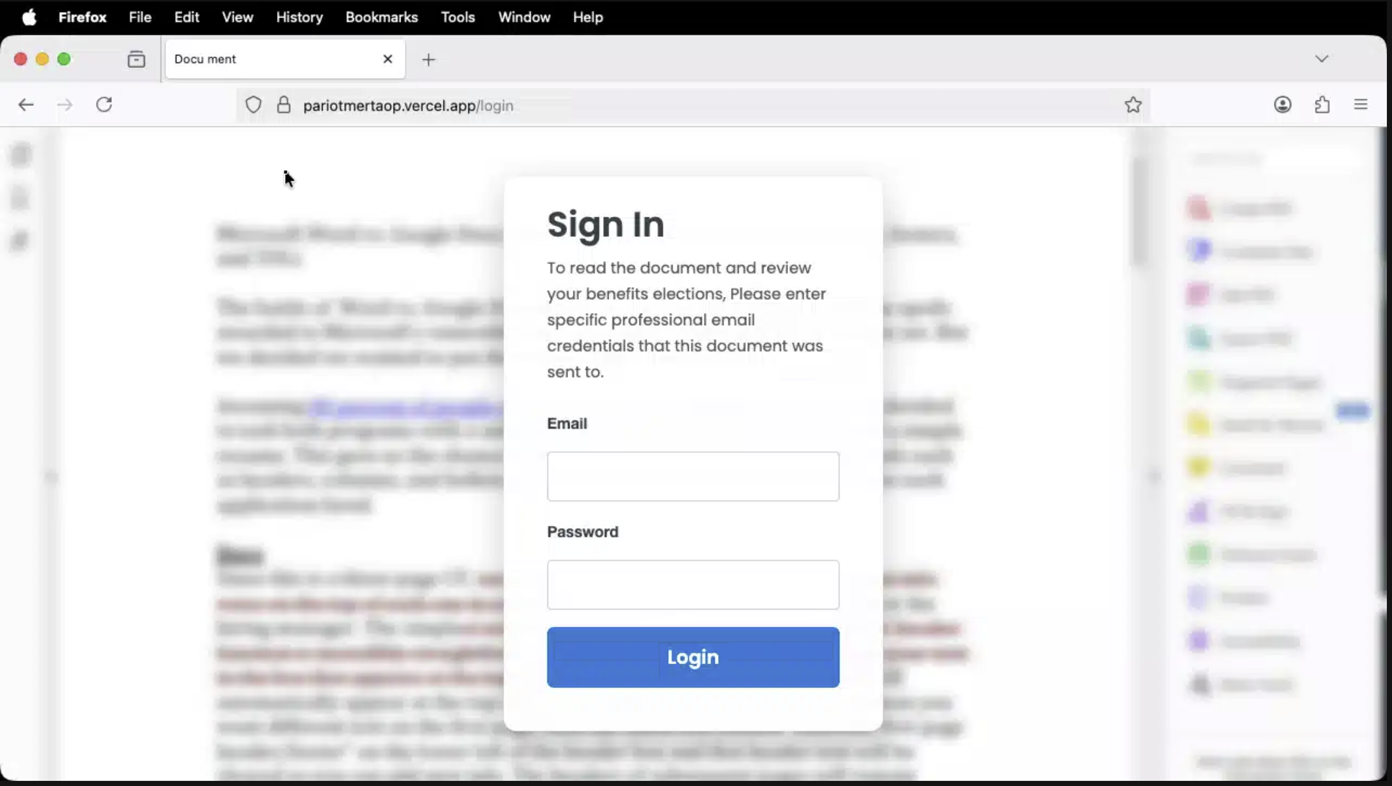 The image shows a login prompt overlaying a document, asking for email and password to access the content.