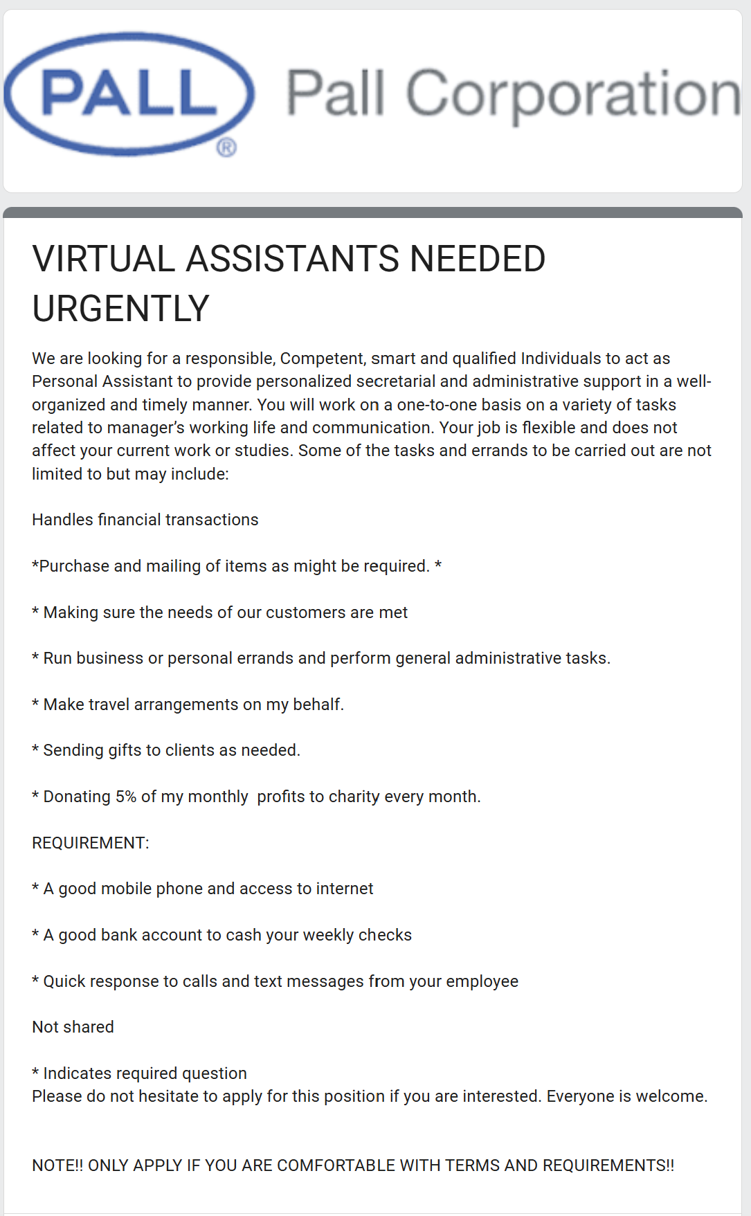 The image is a fake job Google Form from Pall Corporation urgently seeking virtual assistants for various administrative and personal tasks.