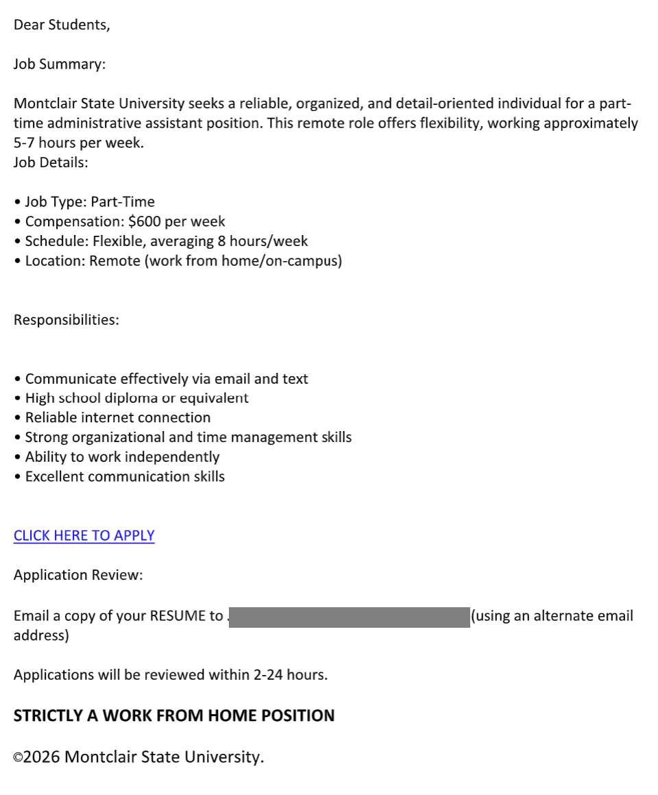 The image is a fake job listing from Montclair State University for a remote part-time administrative assistant position, detailing the job type, compensation, schedule, responsibilities, and application process.