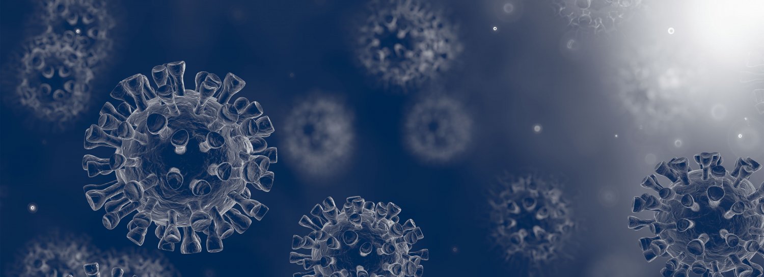 blue background with close up of corona virus cells