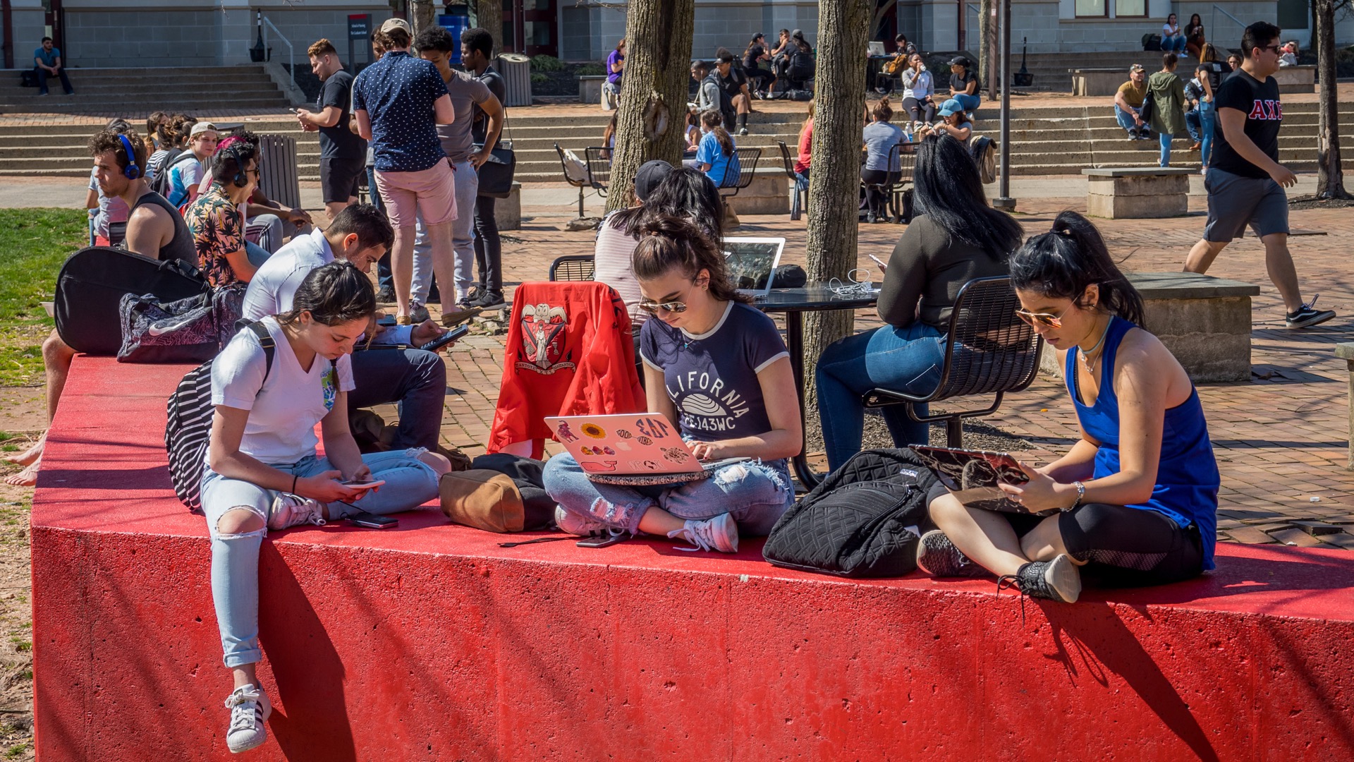 Students on the quad reading computer screens.