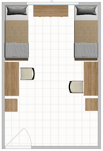 A typical double room in Bohn hall with two desks, two beds and dressers.