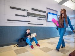 Photo of students in the corridor of the new Center for Environmental and Life Sciences building.