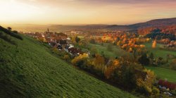 Photo of pastoral German village at sunset.