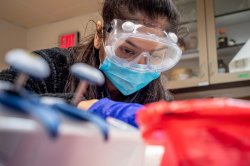 Close up view of student wearing safety goggles, mask and gloves handling samples in a lab