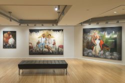 Photo of paintings from "Ajamu Kojo’s Black Wall Street: A Case for Reparations" in the University Galleries