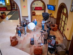 overhead view of students filming