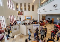 Wide view of the College of Environmental and Life Sciences atrium with student presentations arrayed on movable walls and a crowd of students and faculty moving around the space.
