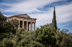 Photo of the Parthenon framed by trees taken during Study Abroad in Greece