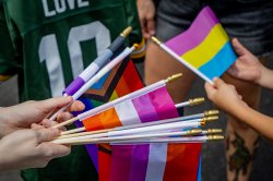 Several people hold and exchange small LGBTQ+ pride flags, including Progress Pride, lesbian, transgender, and pansexual flags
