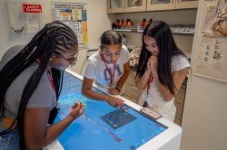 Students work on a human anatomy simulation system at Montclair State University.